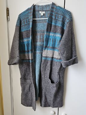 Sundance Gray and Teal Patterned Open-Front Cardigan